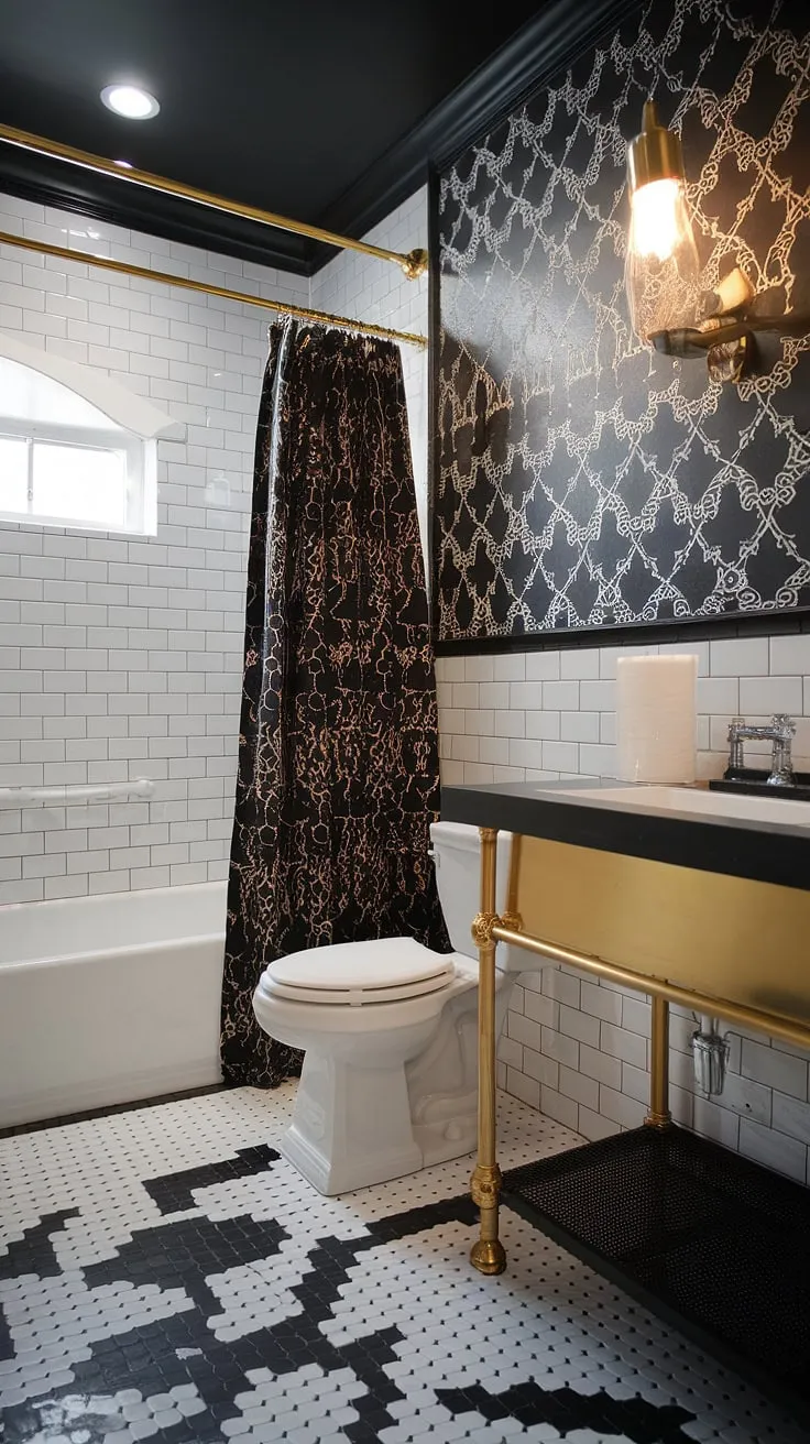 Black bathroom ideas get a luxurious upgrade with this black and gold bathroom vanity. The black and white bathroom design is elevated by the gold bathroom vanity and thoughtful gold bathroom decor ideas, creating a sophisticated space.