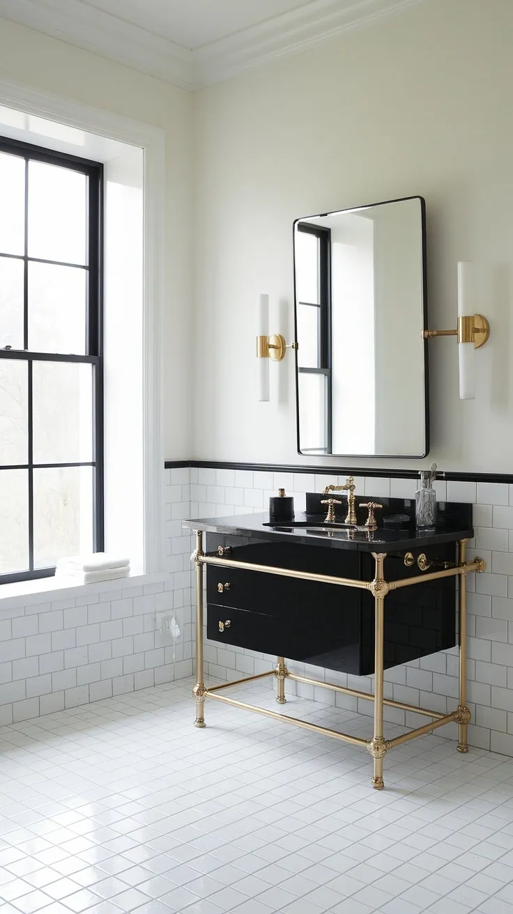 A black and gold bathroom vanity anchors this sophisticated black white bathroom, proving that black and gold bathroom decor can create a truly unforgettable space. Gold bathroom vanity details add a touch of glamour to this striking bathroom vanity black design.