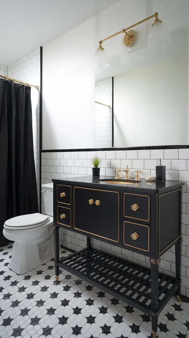 A classic and elegant black and white bathroom design is achieved with this show-stopping black and gold bathroom vanity. Gold bathroom ideas shine through in the vanity's hardware, sink, and coordinating light fixture. This gold bathroom vanity is the focal point of the black and white bathroom, offering inspiration for black bathroom ideas and gold bathroom decor ideas. The black and white bathroom's tiled floor and walls, along with the black shower curtain, create a cohesive and luxurious space. The bathroom vanity black finish is perfectly balanced by the gold accents.