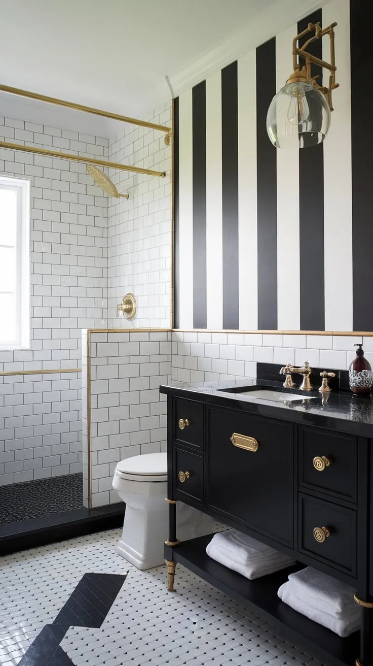 This stunning black and white bathroom design showcases a chic blend of monochrome elegance and luxurious gold accents. The black and gold bathroom vanity, complete with gold hardware and faucet, is a focal point, perfectly complementing the black and white checkered floor and striped wall. Gold bathroom decor ideas are subtly incorporated throughout, creating a sophisticated and stylish black and gold bathroom decor. This is a prime example of black bathroom ideas executed with flair, offering inspiration for gold bathroom ideas and a bathroom vanity black that makes a statement.