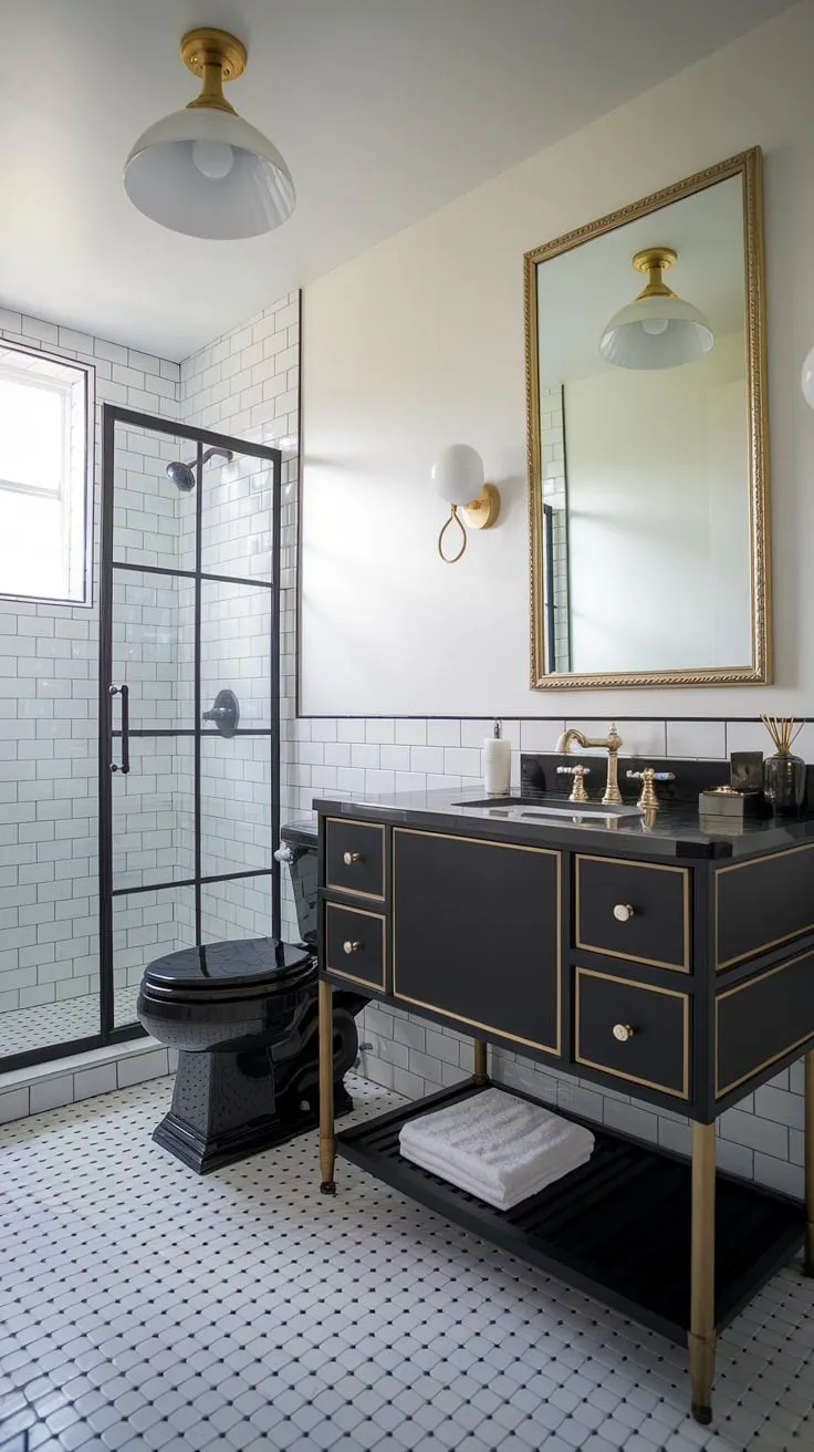This stunning black and white bathroom showcases a sophisticated black and gold bathroom design. The black and gold bathroom vanity, complete with a gold faucet, is a focal point, complemented by the gold bathroom decor ideas, including a gold framed mirror and a chic gold light fixture. Black bathroom ideas are elegantly executed with the black toilet and shower, while the black and white checkered floor adds a touch of classic charm. This bathroom perfectly blends black and gold bathroom decor for a luxurious and stylish space.