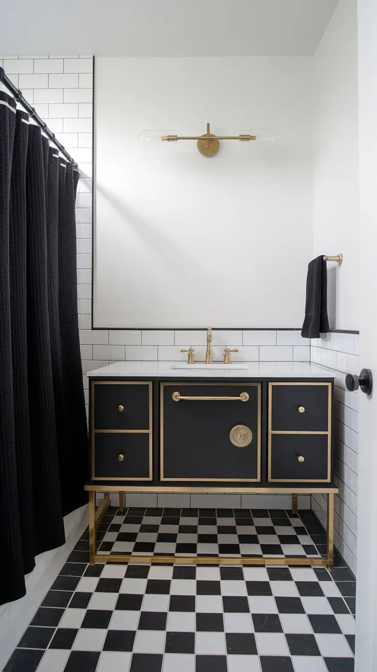 A black and white bathroom transformed! This black and gold bathroom vanity is the star, complemented perfectly by gold bathroom vanity accents and a striking black and white checkered floor. Gold bathroom ideas and black bathroom ideas blend seamlessly for a luxurious feel.