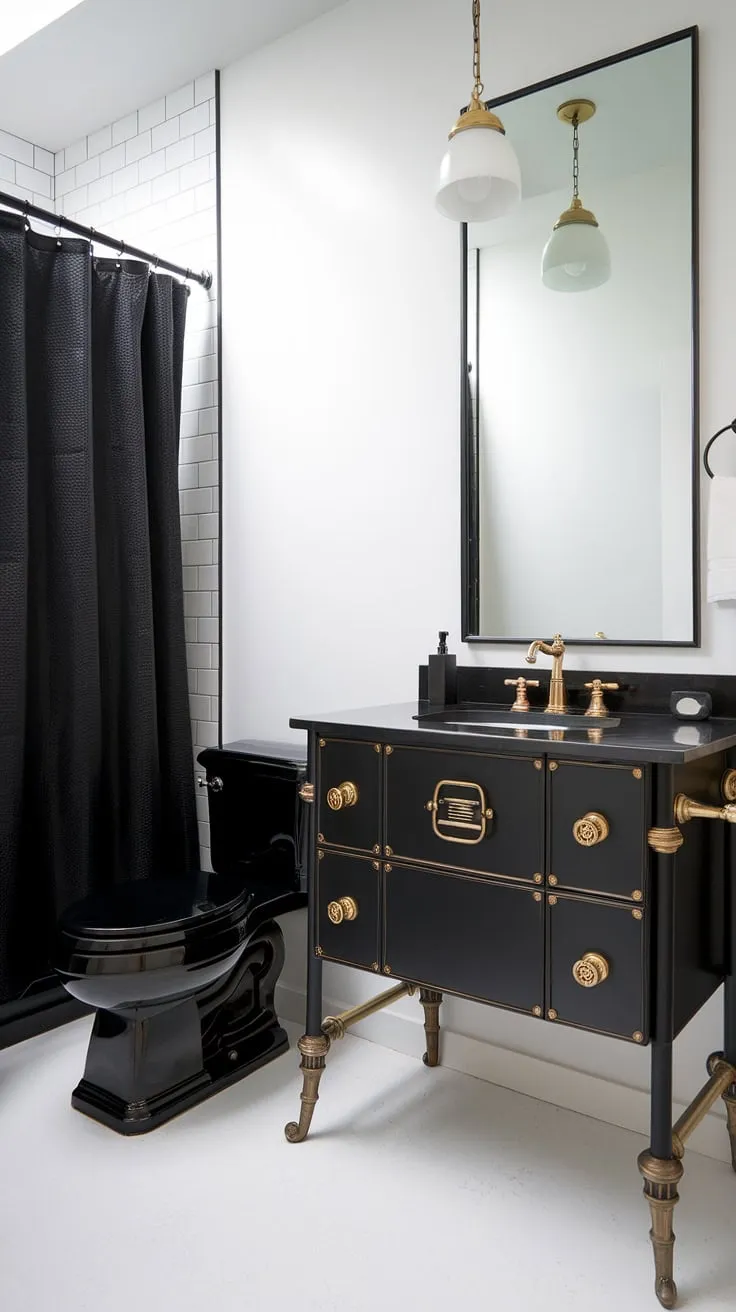 Monochromatic magic meets metallic glam in this stunning black and white bathroom. The black and gold bathroom vanity is the perfect centerpiece, showcasing a sophisticated black and gold bathroom decor style.