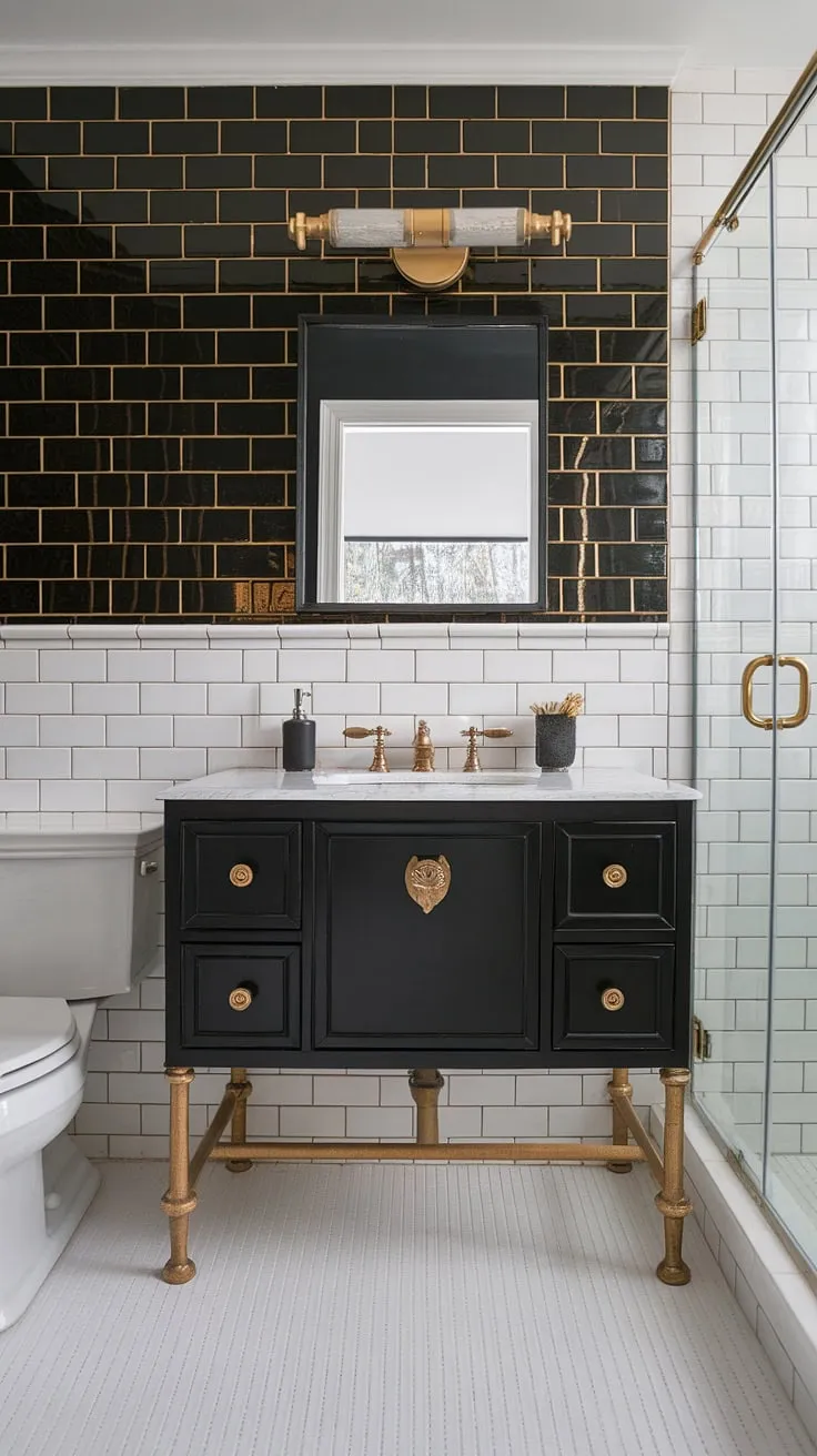 A chic black and gold bathroom vanity anchors this black white bathroom, its gold legs and hardware gleaming against the matte black finish. Gold bathroom decor, including a striking gold tile accent wall and coordinating light fixture, elevates the black and white bathroom design. This bathroom vanity black offers a sophisticated touch, providing excellent black and gold bathroom decor inspiration and showcasing creative gold bathroom vanity ideas.