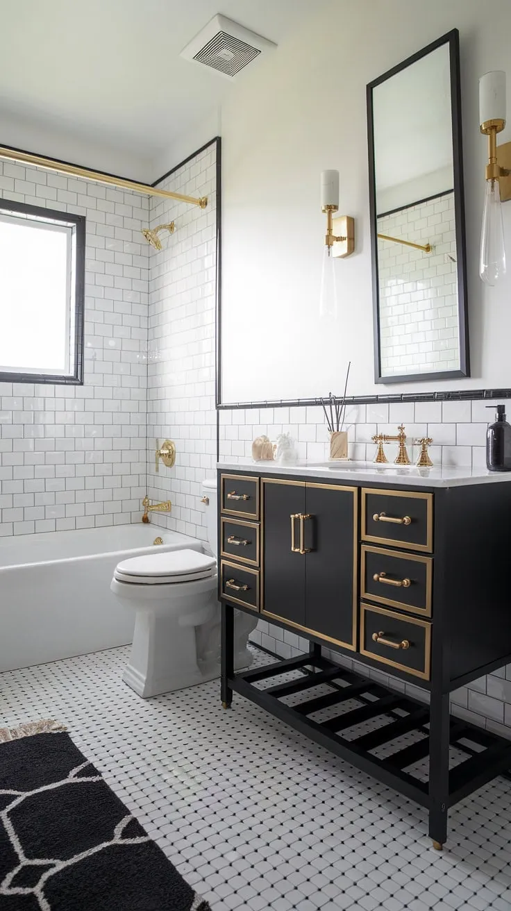 Opulence meets minimalism in this stunning black and white bathroom. The black and gold bathroom vanity, a showstopper with its gold bathroom decor ideas, anchors the space, perfectly complementing the black and white bathroom design. This black bathroom ideas showcase a sophisticated blend of black and gold bathroom decor.