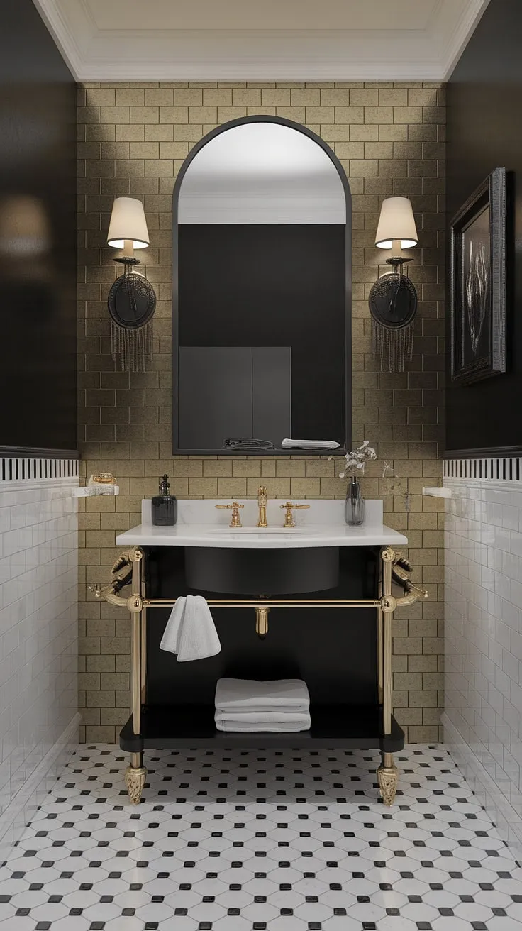 A stunning black and white bathroom design featuring a show-stopping gold bathroom vanity. The black and gold bathroom decor is perfectly complemented by the checkered floor and gold-tiled accent wall, creating a luxurious and sophisticated space. This black and gold bathroom vanity is the centerpiece, showcasing the best of black bathroom ideas and gold bathroom decor ideas. The gold bathroom ideas are subtly incorporated throughout, resulting in a cohesive and elegant bathroom. A bathroom vanity black in color provides a striking contrast to the gold, while the overall design offers inspiration for anyone seeking black white bathroom ideas.