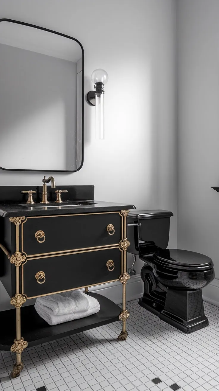 This black and gold bathroom vanity is the centerpiece of this striking black white bathroom. The gold bathroom vanity adds a touch of opulence to the otherwise minimalist black bathroom ideas. The black and white bathroom design is elevated by the carefully chosen gold bathroom decor ideas, creating a space that is both dramatic and refined. The bathroom vanity black finish provides a grounding element, while the gold faucet adds a touch of glamour. The black and white tiled floor completes this sophisticated black and gold bathroom decor scheme.