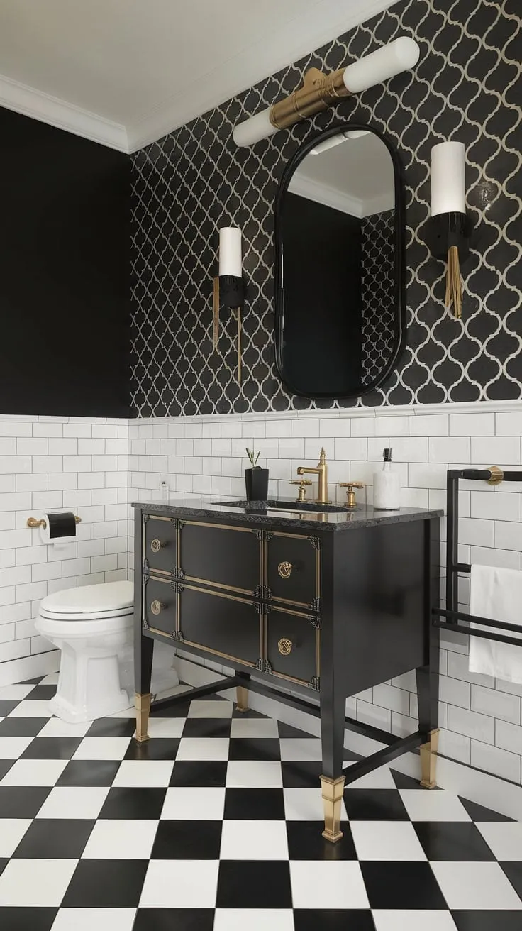 Opulence meets simplicity in this stunning black and white bathroom. The black and gold bathroom vanity, complete with gold bathroom decor ideas, is the perfect centerpiece for this black and white bathroom design.