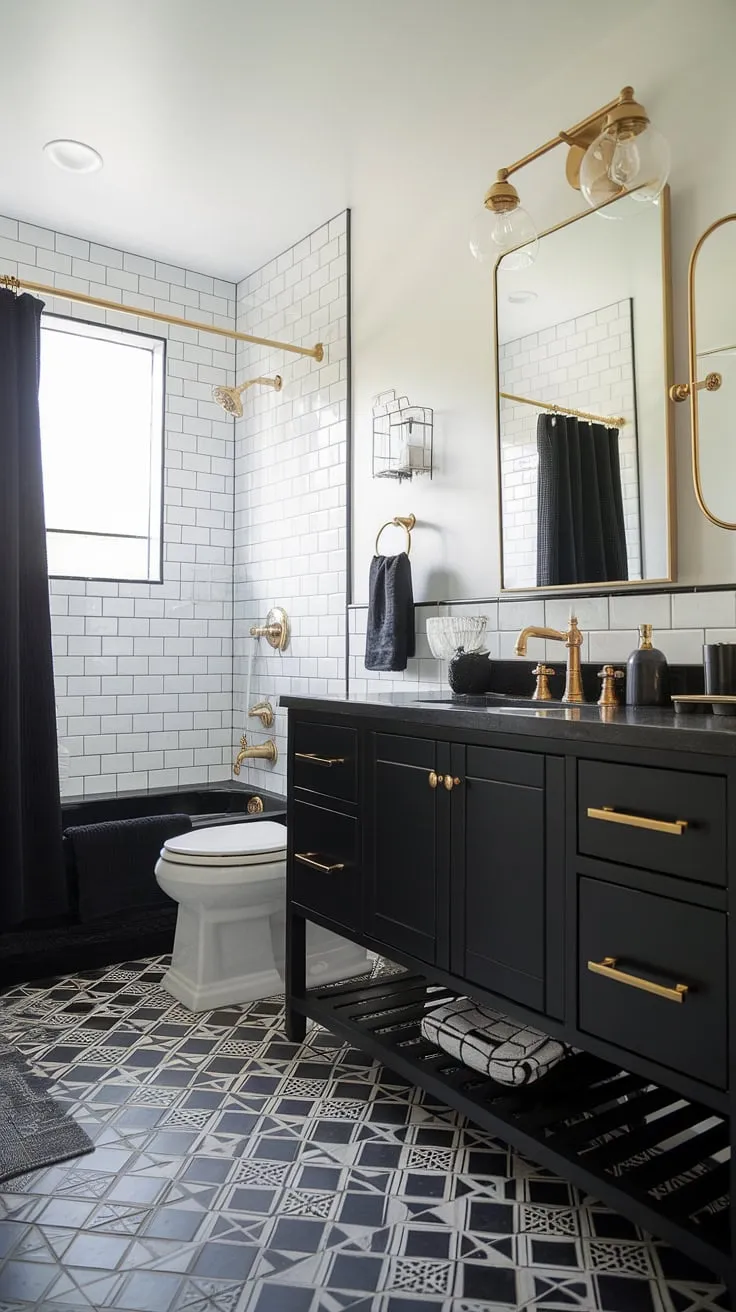 This black white bathroom showcases a chic black and gold bathroom decor scheme. A gold bathroom vanity, complete with gold bathroom ideas like the towel bar and waste bin, anchors the space. The black and white bathroom design is further enhanced by the black bathroom ideas, resulting in a stylish and cohesive black and gold bathroom vanity and overall bathroom aesthetic. The gold bathroom decor ideas are perfectly balanced against the black bathroom elements.