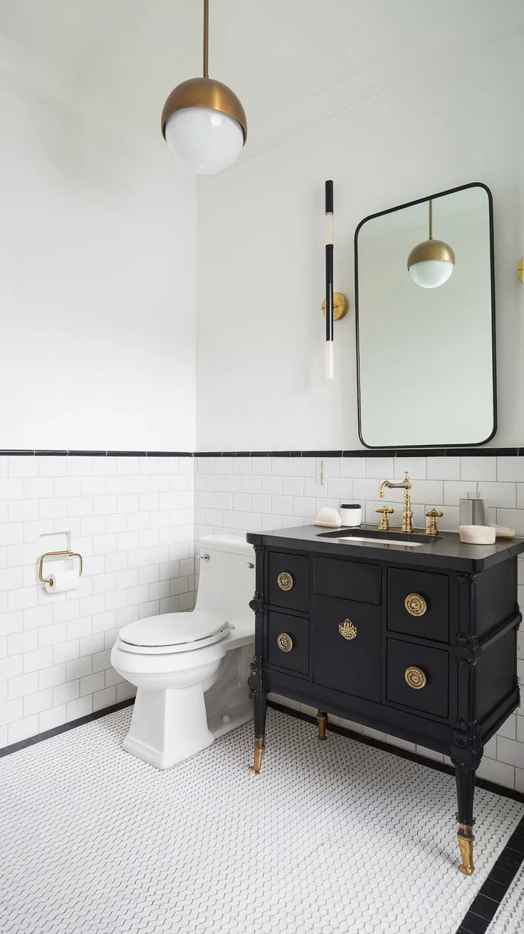 This black white bathroom boasts a sophisticated black and gold bathroom decor scheme. A bathroom vanity black with gold accents and a gold bathroom vanity perfectly complement the white tiled floor, offering inspiring gold bathroom ideas.