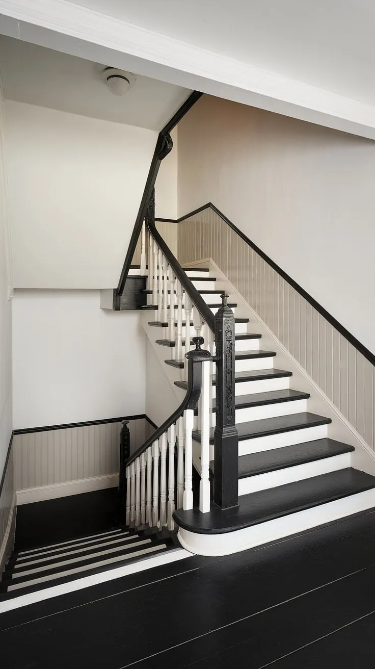 A timeless elegance unfolds in this house hallway, where a striking black and white staircase commands attention. The black stairs, with their distinctive striped pattern, ascend to a spacious hallway landing, offering a glimpse into sophisticated landing ideas.  Note the clever use of stair paneling alongside the black staircase, enhancing the vintage charm. This hall and stairs design provides ample inspiration for stairs and hallway ideas.