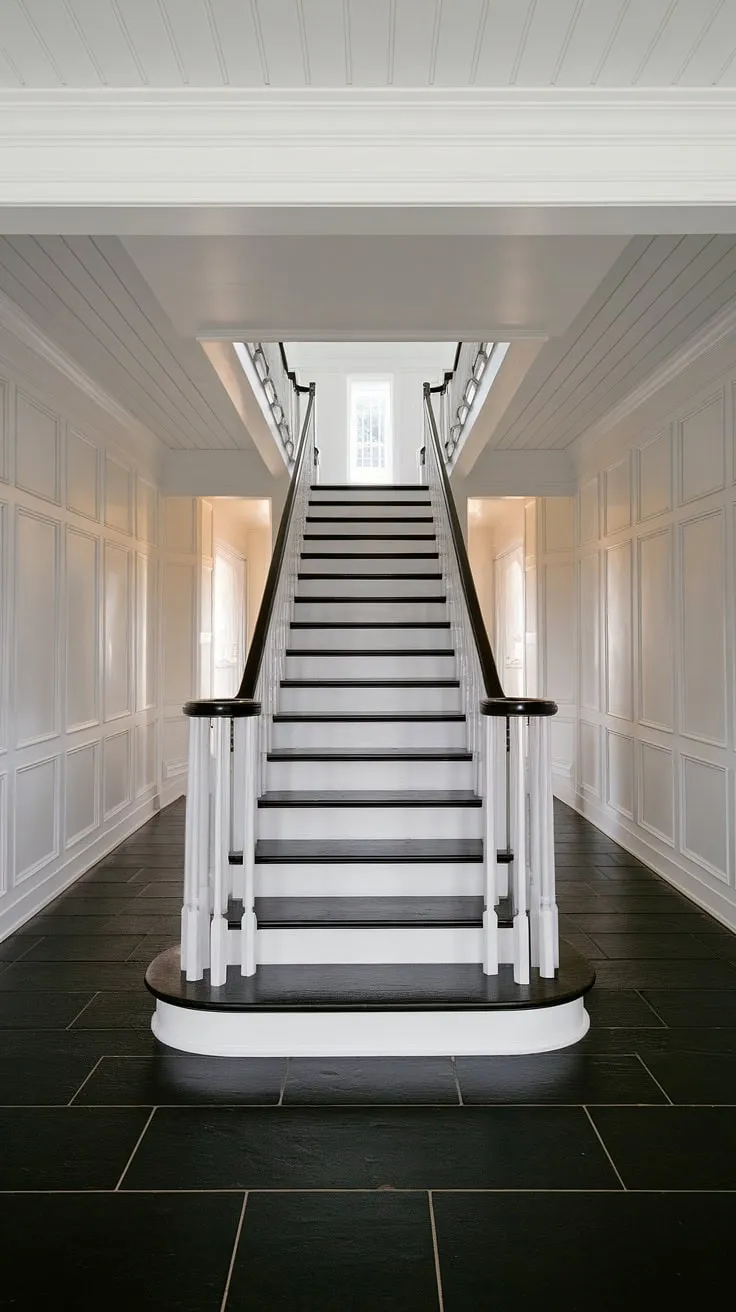 This black staircase, a masterpiece of design, anchors this house hallway with its bold presence.  The black stairs and white paneling create a sophisticated atmosphere, while the hallway landing provides a welcome pause.  Explore these hall and stairs design elements for your own home, considering the impactful use of black stairs and the stylish hallway landing.  This image offers abundant stairs and hallway ideas and inspiration for your own landing ideas.