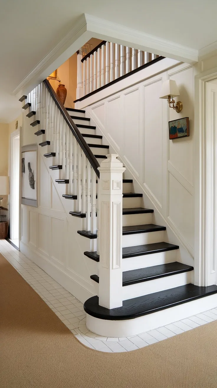 This black staircase, a masterpiece of black stairs and white accents, defines the style of this house hallway.  The design showcases clever stairs and hallway ideas, from the black staircase itself to the white tiled floor and the charming hallway landing.  The hall stairs and landing create a sense of grandeur, while the white paneling adds a touch of classic elegance.  Consider this for your own landing ideas.