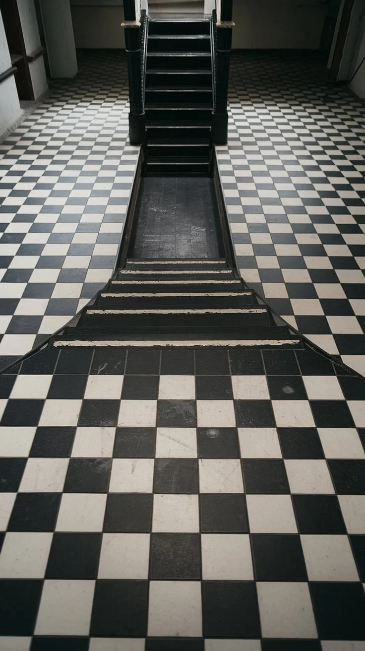 The stark contrast of the black and white checkered floor against the imposing black staircase creates a dramatic entrance.  This hall and stairs design, with its intriguing hallway landing, offers endless landing ideas and stair paneling possibilities for a house hallway.  The black stairs themselves are a striking focal point, suggesting a journey into the unknown.  Consider this for your stairs and hallway ideas.
