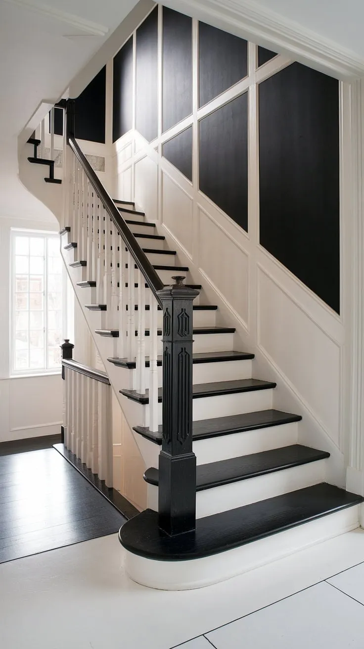 A dramatic black and white staircase anchors this house hallway, its sleek black railing contrasting beautifully with the crisp white stairs.  The striking stair paneling mirrors the black and white theme, leading the eye up to the light-filled hallway landing.  This hall and stairs design offers endless stairs and hallway ideas, showcasing a sophisticated hall stairs and landing arrangement with clever landing ideas.