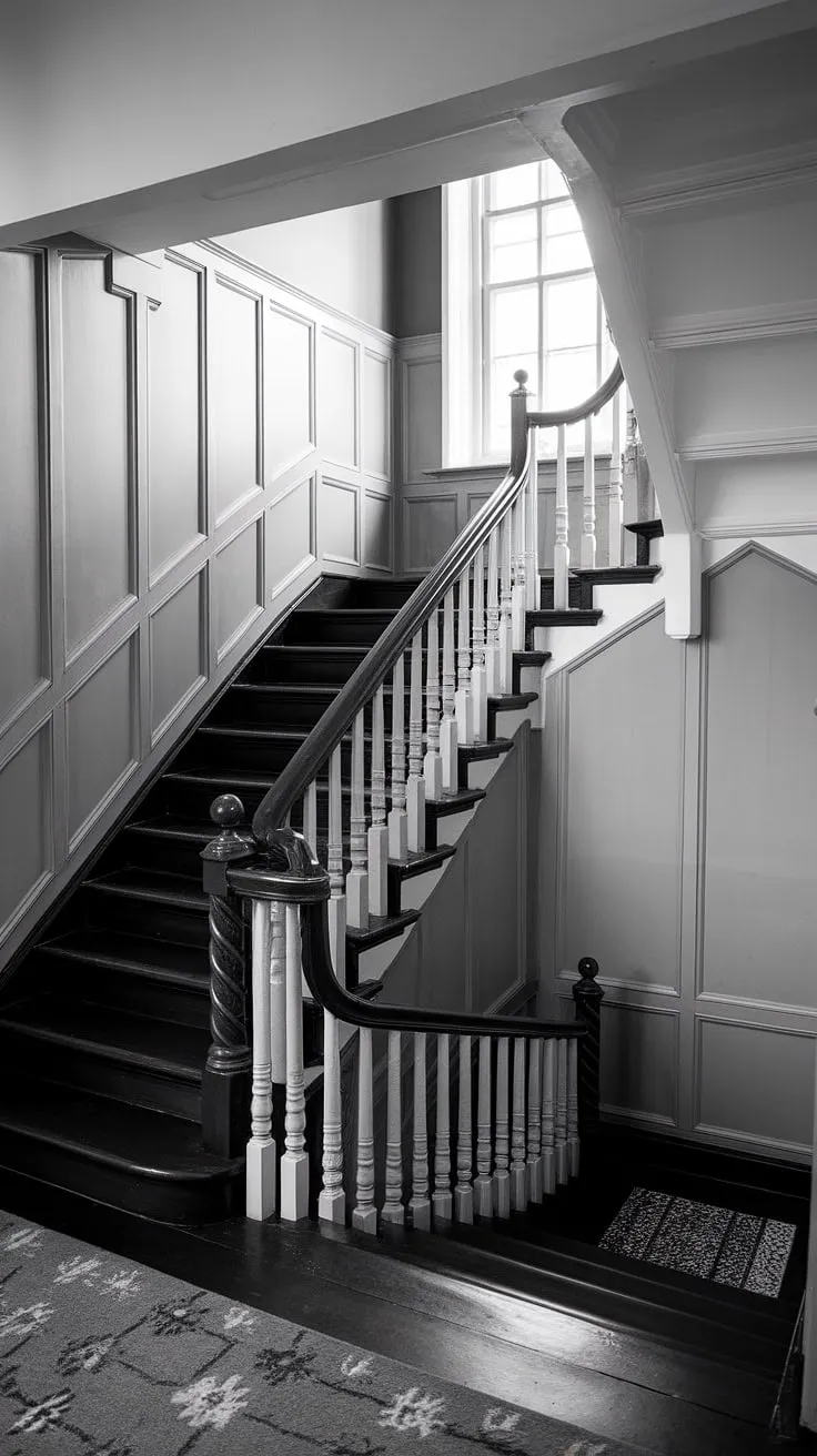 The black staircase, a dramatic focal point in this house hallway, commands attention with its striking black and white design and intricate spiral railing.  The sophisticated stair paneling on the walls complements the black stairs perfectly, creating a sense of refined grandeur.  This hall stairs and landing, complete with a cozy rug and a sunlit hallway landing, provides ample landing ideas for those seeking classic elegance in their home.  Explore the possibilities of stairs and hallway ideas with this inspiring image.