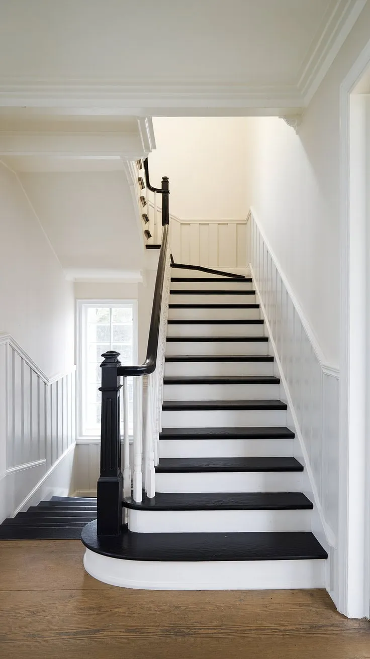 This black staircase, a masterpiece of black stairs and black white staircase design, anchors this bright house hallway. The hall and stairs, featuring sophisticated stair paneling, create a striking visual impact.  Consider this elegant hall stairs and landing as inspiration for your own hallway landing and landing ideas.