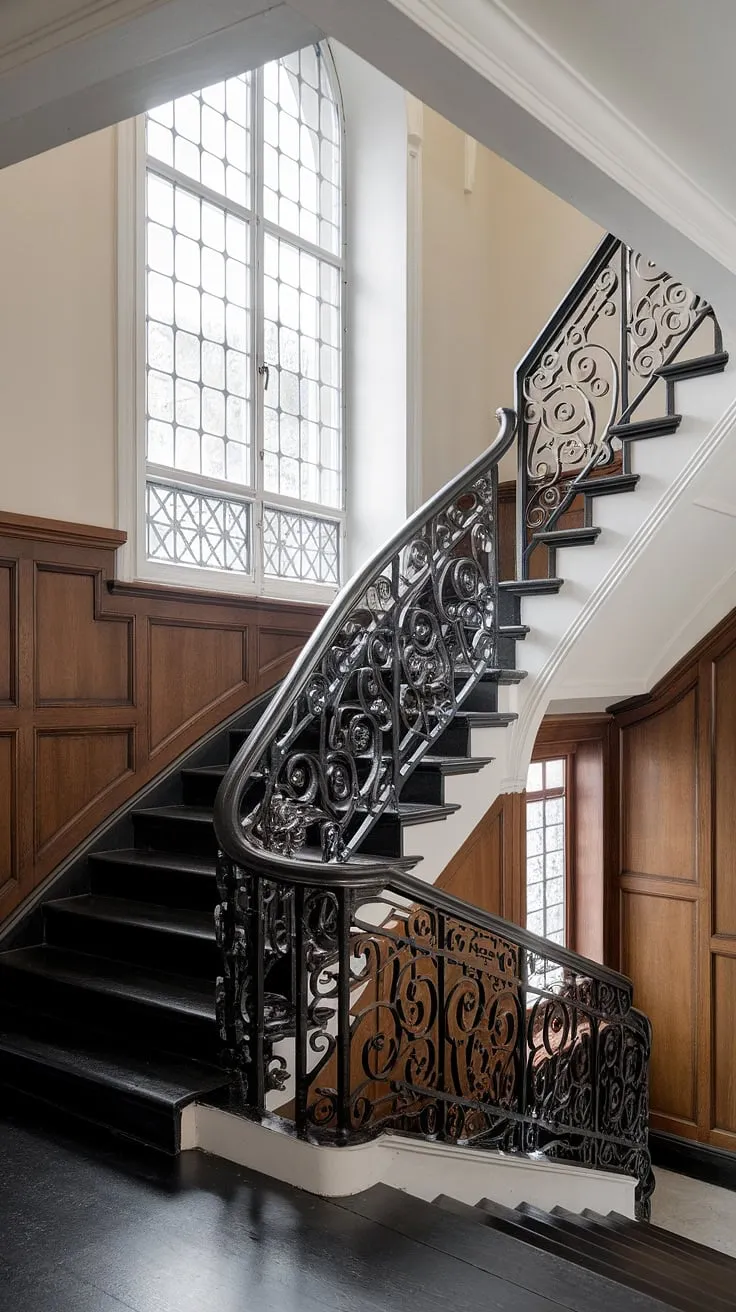 The elegant black and white staircase, a masterpiece of wrought iron and wood, draws the eye upward to the sunlit hallway landing.  This hall and stairs design, with its intricate stair paneling and stunning window, offers endless stairs and hallway ideas for creating a dramatic and inviting house hallway.  The black stairs themselves are a statement piece, perfectly complementing the overall hall stairs and landing aesthetic.  Consider these landing ideas for your own home.