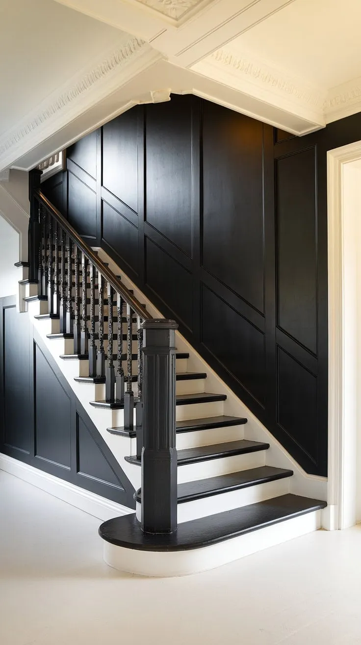 This black stairs design, a stunning example of hall stairs and landing design, transforms a simple house hallway. The black staircase, with its crisp white steps, is a masterpiece of stair paneling and creates a sophisticated atmosphere.  Consider this for your own stairs and hallway ideas; the impact is undeniable.