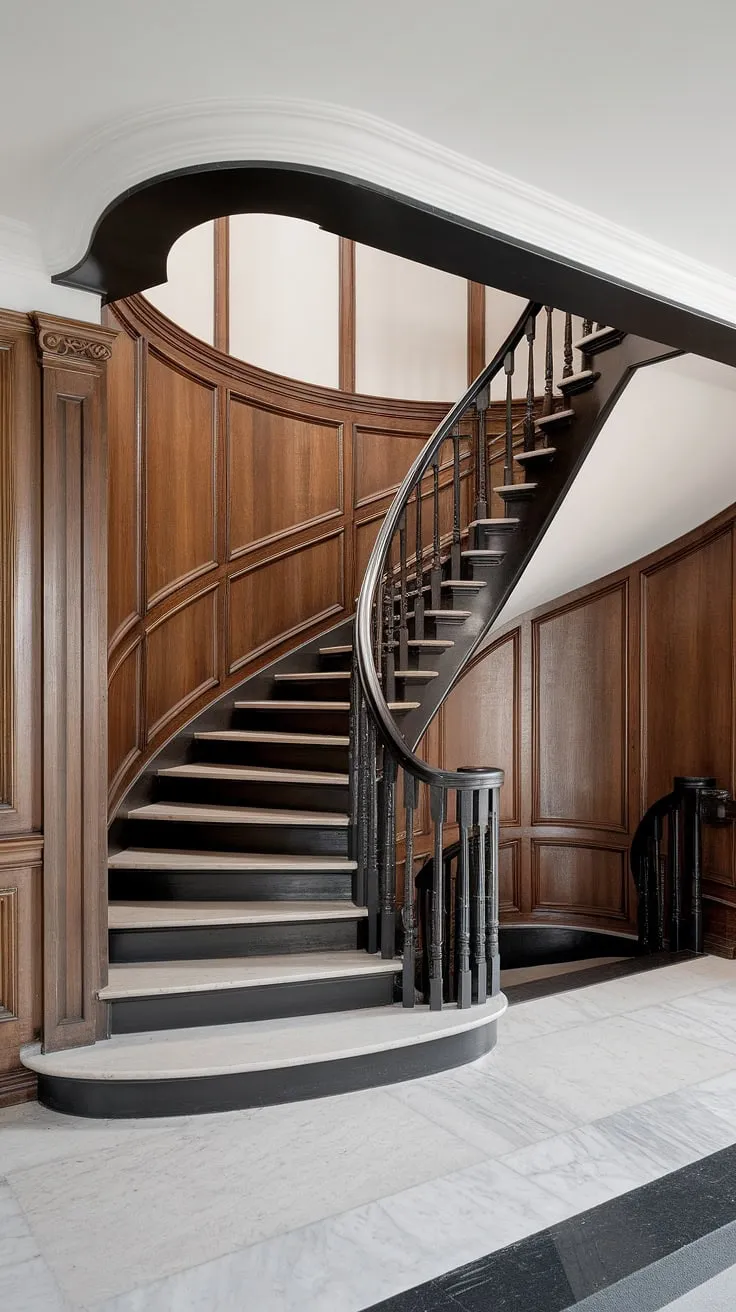 A dramatic black staircase, a showstopper of black stairs design, ascends gracefully in this stately home.  Note the exquisite detail of the stair paneling and the spacious hall and stairs, culminating in a breathtaking hall stairs and landing.  This image is brimming with inspiration for stairs and hallway ideas and landing ideas.
