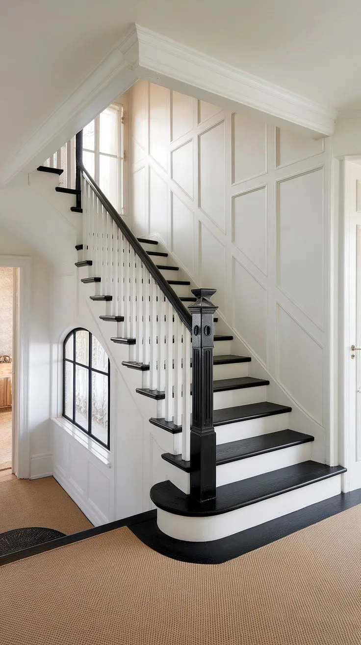 The dramatic black stairs ascend gracefully against the crisp white walls of this house hallway, creating a striking visual impact.  The black staircase, with its sophisticated black railing, is beautifully complemented by the decorative stair paneling. This hall stairs and landing showcases a perfect blend of style and functionality, offering ample landing ideas and inspiring stairs and hallway ideas for your own home. The hallway landing provides a welcoming transition to the next room.