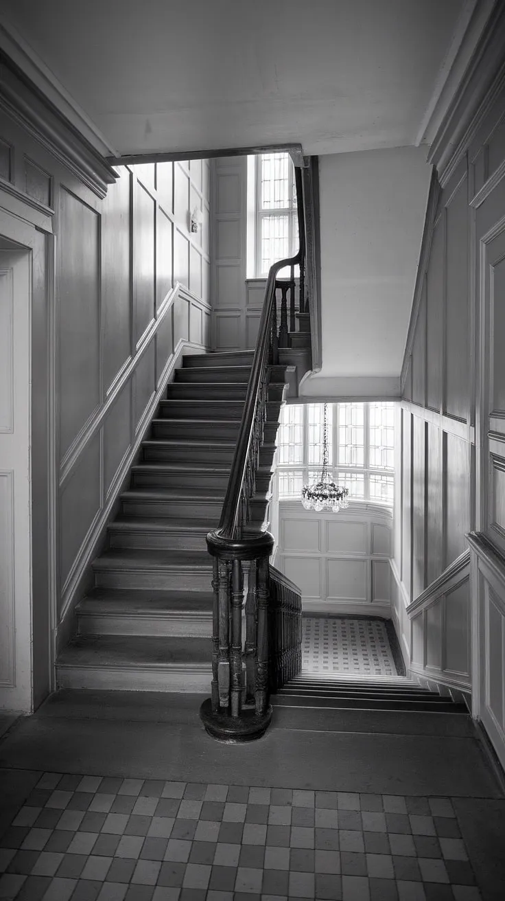 A timeless black staircase, a dramatic focal point in this black white staircase image. The black stairs ascend gracefully, their beauty enhanced by the white paneling and the patterned floor of the hall and stairs.  This hall stairs and landing, with its charming hallway landing, provides inspiration for house hallway design and offers a wealth of stairs and hallway ideas.