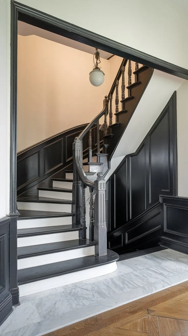 The elegant contrast of black and white defines this stunning hall and stairs, showcasing exquisite stair paneling and a dramatic hallway landing.  The black staircase, a masterpiece of design, leads the eye upwards, offering endless stairs and hallway ideas.