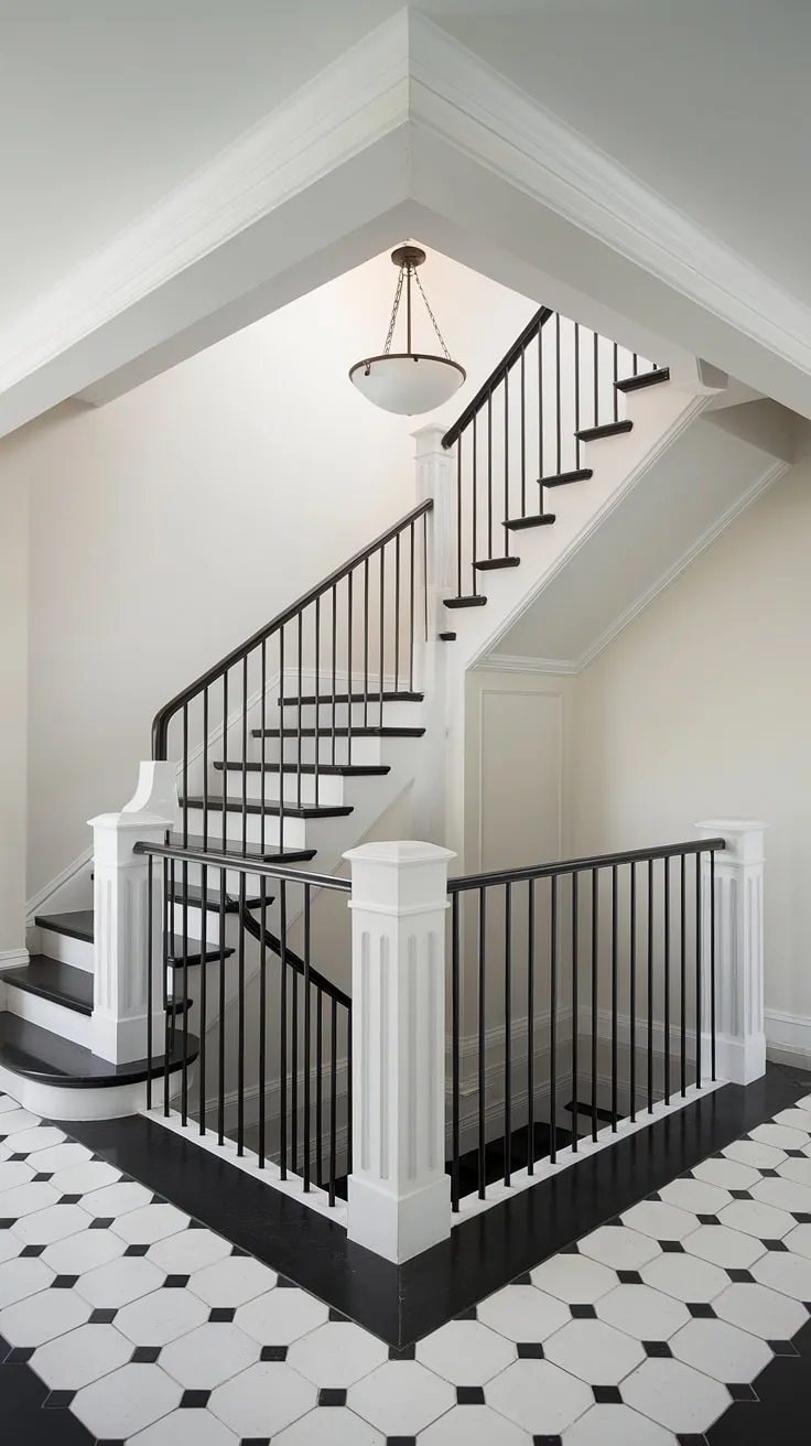 This stunning hall stairs and landing is a masterclass in design. The black staircase, a showstopper against the white walls, features a mid-flight landing bathed in light.  The black stairs and black metal railing create a sophisticated, modern feel, while the black and white checkered floor adds a touch of playful contrast.  Consider this image for your own stairs and hallway ideas; the stair paneling and overall layout offer ample inspiration for your house hallway.