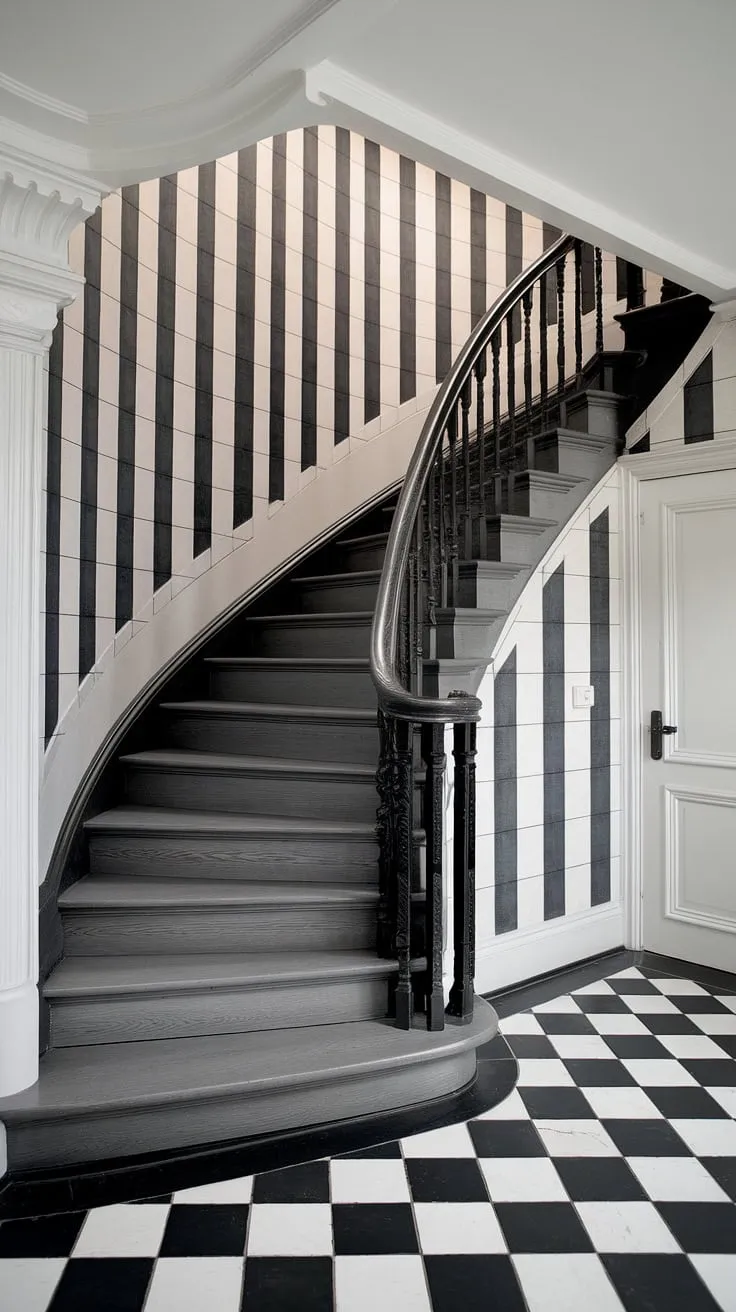 A dramatic black staircase ascends, its graceful curve a highlight of this house hallway.  The black white staircase is beautifully offset by the black and white checkered floor and geometric stair paneling. This hall and stairs design provides inspiration for your own stairs and hallway ideas, particularly for hallway landing and landing ideas. The interplay of black and white creates a sophisticated and memorable hall stairs and landing.