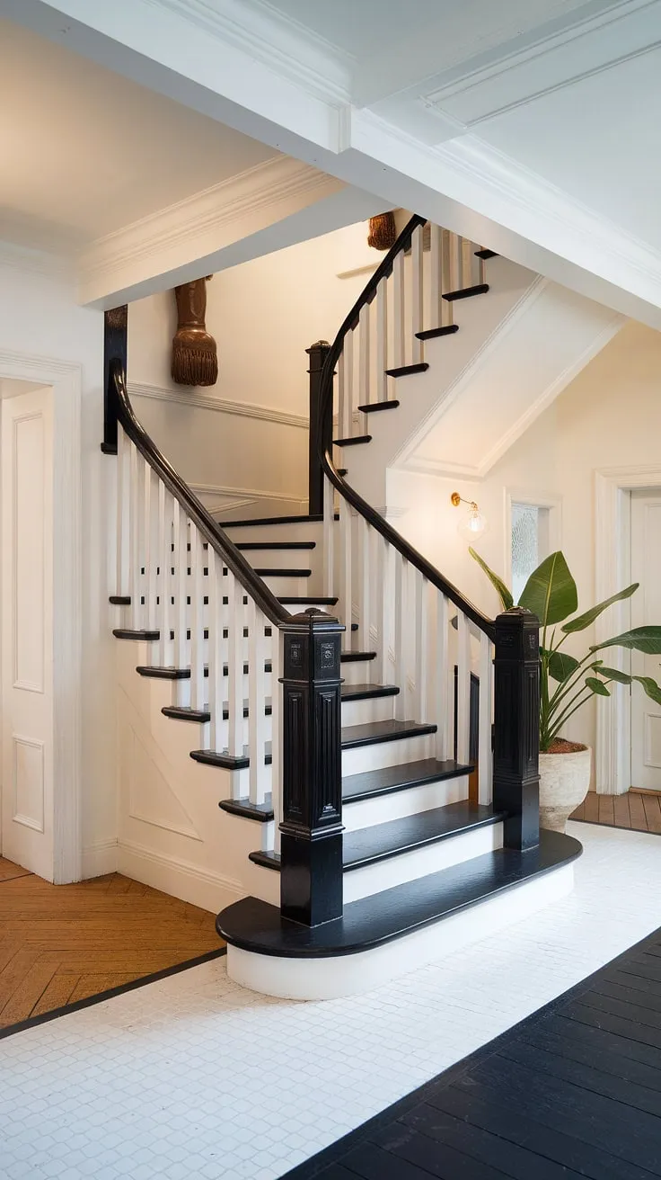 The dramatic black and white staircase, a striking feature in this house hallway, showcases elegant stair paneling.  The hall and stairs design, complete with a hallway landing and thoughtful landing ideas, creates a sophisticated flow from the black stairs to the upper level.  This hall stairs and landing is a masterclass in stairs and hallway ideas.