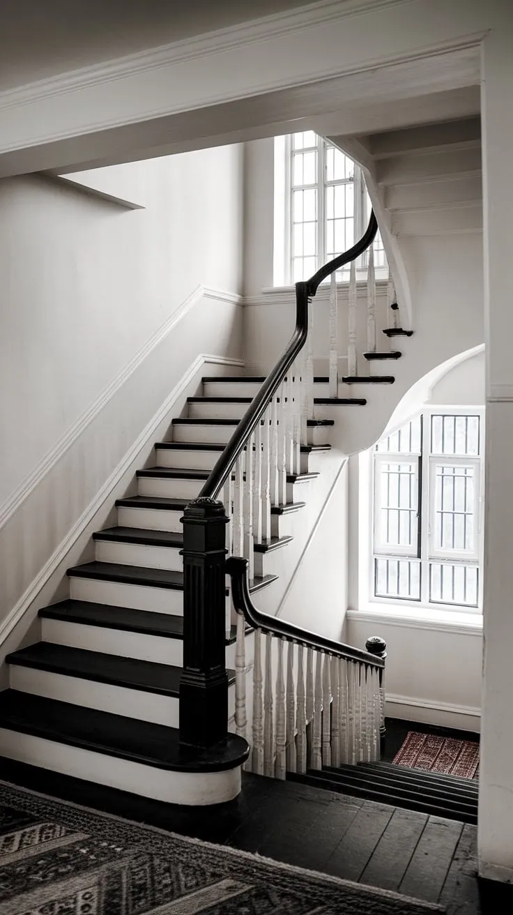 Step into timeless elegance with this black and white staircase, a stunning focal point in this vintage house hallway.  The contrast of black stairs and white risers creates a dramatic effect, while the black staircase railing adds a touch of sophistication.  This hall and stairs design, complete with a bright hallway landing and window, offers endless stairs and hallway ideas and landing ideas for your own home. The stair paneling is subtly understated, allowing the black staircase to take center stage.