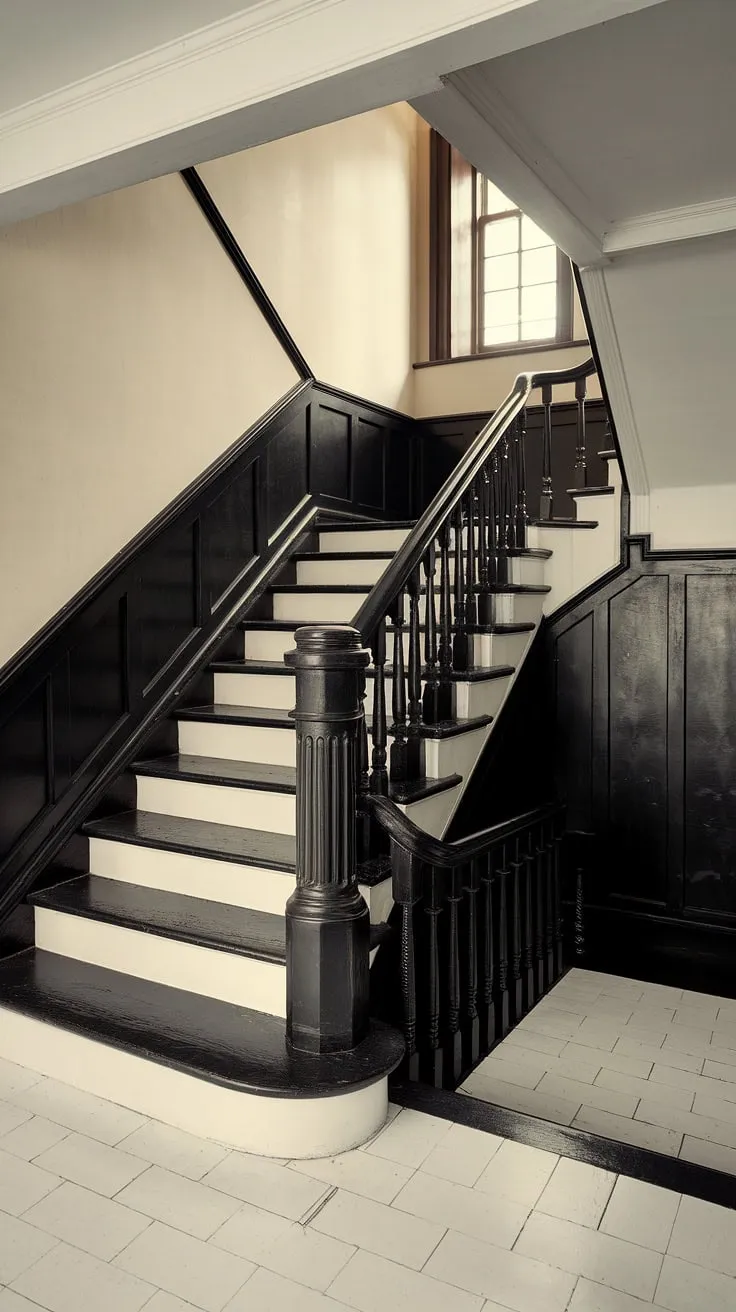 This black staircase, a masterpiece of black and white design, anchors this house hallway. The black stairs and black stair paneling create a sophisticated backdrop, while the white steps and tiled floor add a touch of brightness.  The hallway landing, bathed in soft light from a high window, offers a perfect ending to this stunning hall stairs and landing.  Find inspiration for your own stairs and hallway ideas in this classic example of stair design.