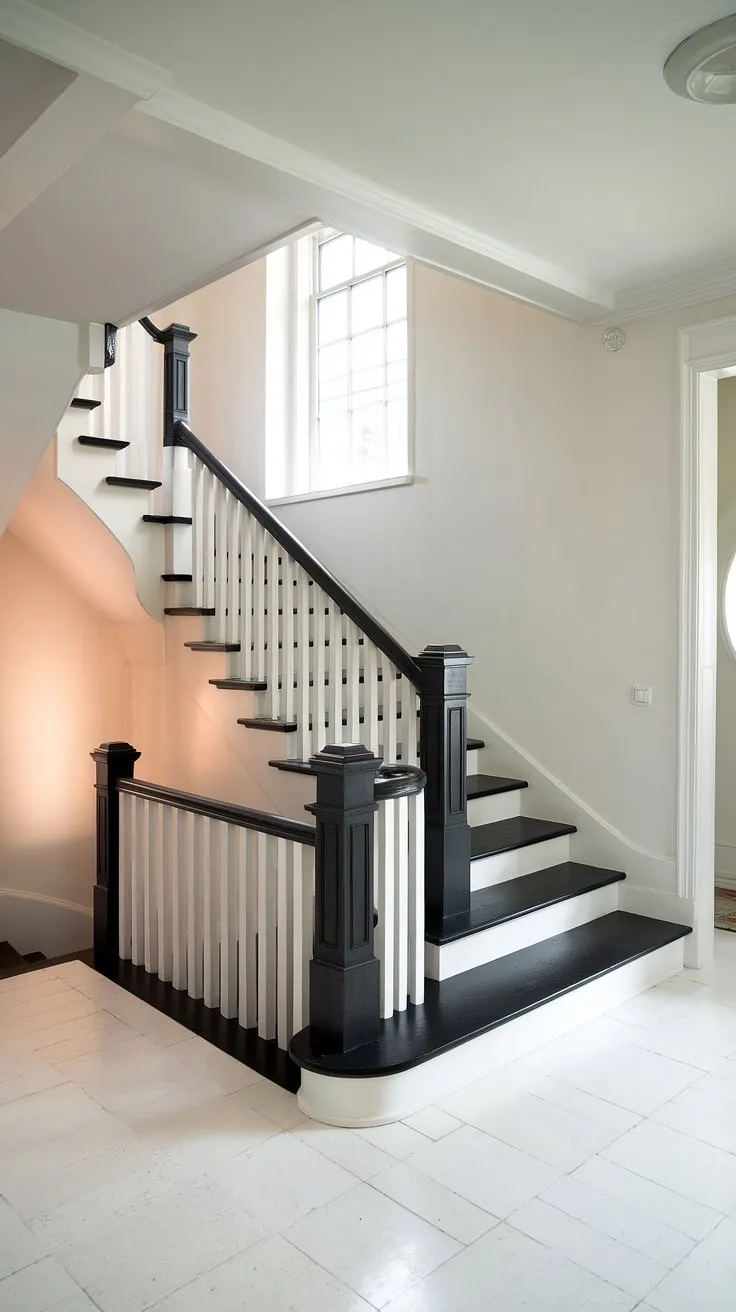 Classic elegance meets modern minimalism in this stunning hall and stairs design. The black white staircase, a showstopper with its sleek black stairs and stair paneling, creates a dramatic focal point in the bright white house hallway.  The hallway landing, bathed in natural light from the window, offers a perfect pause before ascending or descending. This is prime inspiration for stairs and hallway ideas and landing ideas.