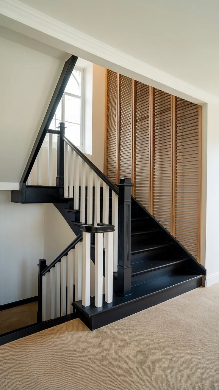 The sleek black staircase, a dramatic focal point in this modern house, ascends to a bright hallway landing, framed by a window that floods the space with natural light.  The contrast of black stairs against the white walls and beige carpet, accented by the unique stair paneling, offers endless stairs and hallway ideas.  This hall and stairs design perfectly showcases the hall stairs and landing, providing inspiration for landing ideas and house hallway transformations.