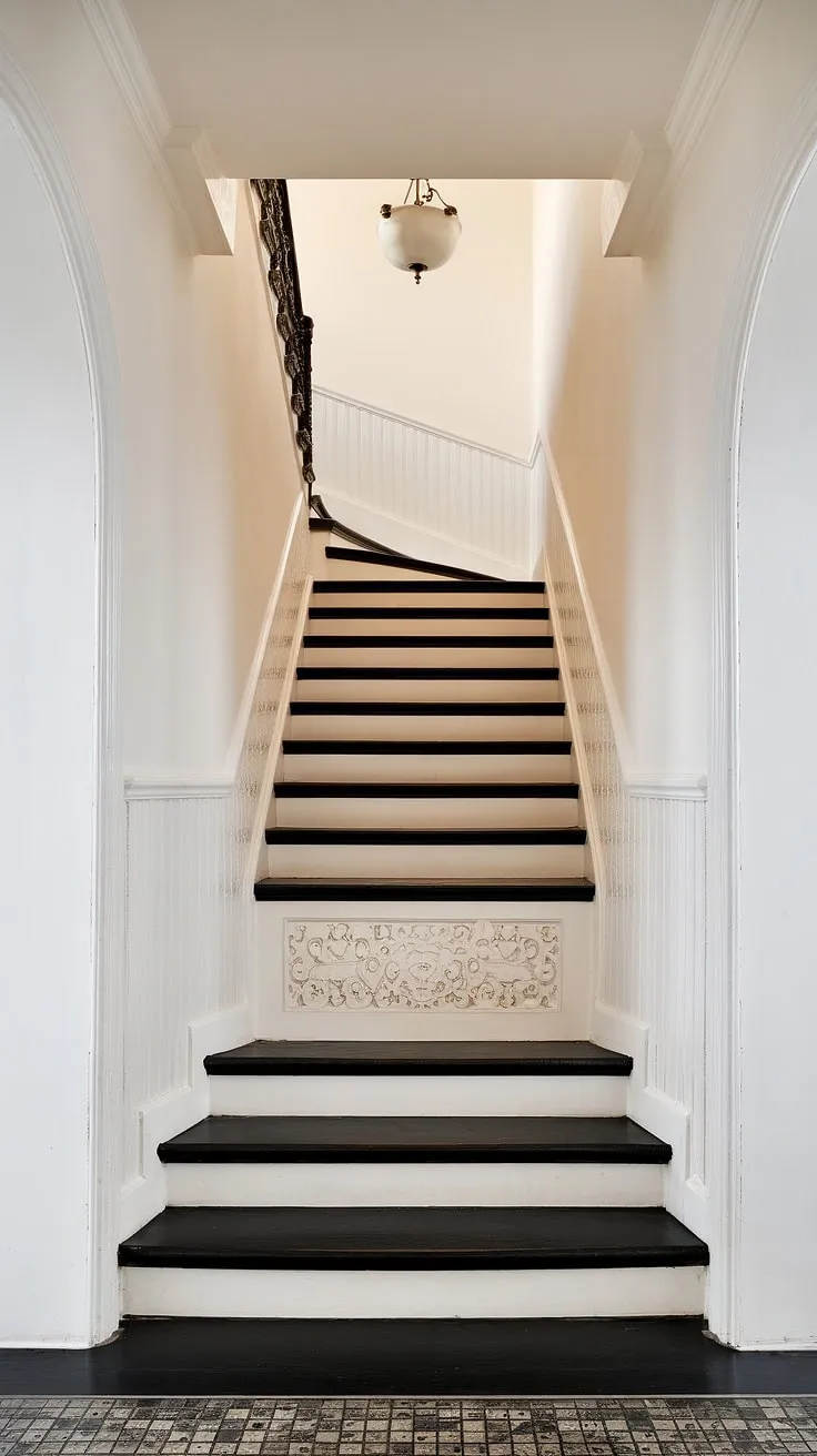 The elegant black and white staircase, a striking feature in this house hallway, showcases exquisite stair paneling at its base.  The hall and stairs design, complete with a hallway landing and decorative tile flooring, offers endless stairs and hallway ideas.  The black stairs ascend to a mid-landing, creating a dramatic hall stairs and landing focal point.  Consider this for your own landing ideas.