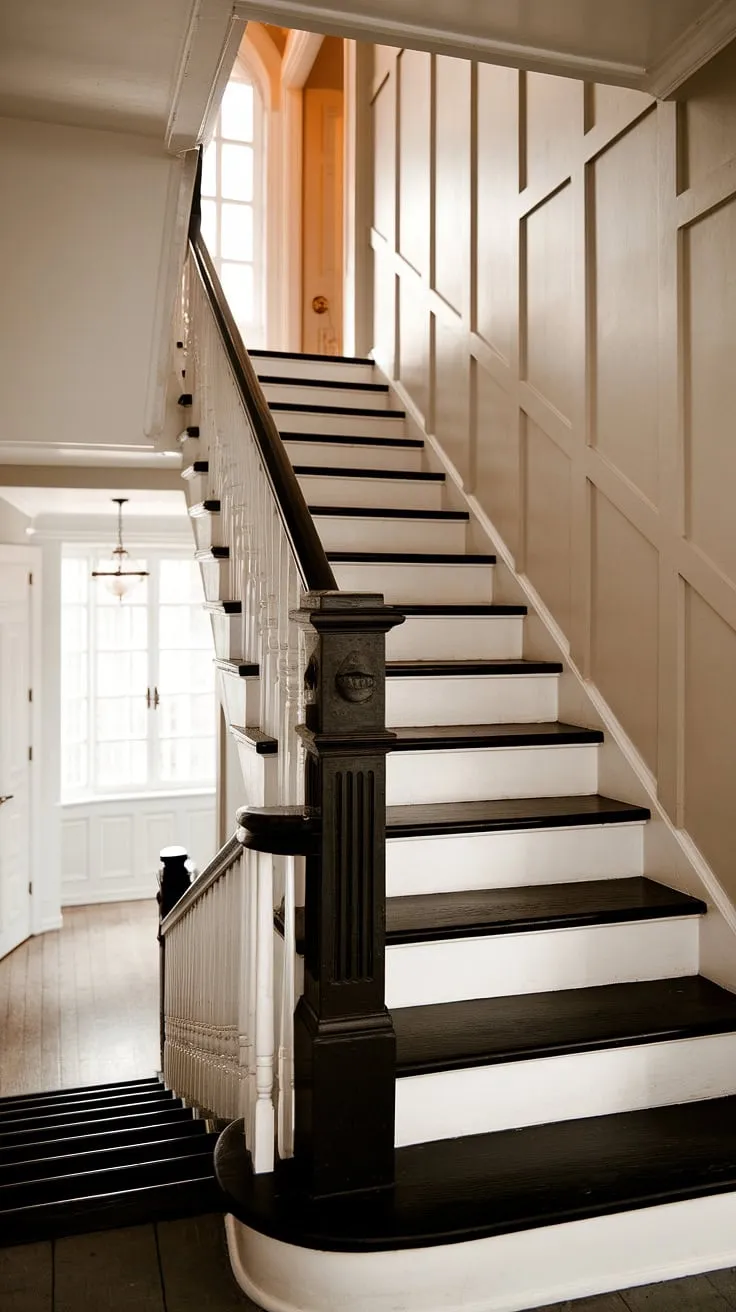 This hall and stairs design is pure elegance. The black stairs, part of a stunning black white staircase, create a dramatic focal point in this house hallway.  The hallway landing provides a perfect pause, showcasing the thoughtful design of the hall stairs and landing and offering inspiration for your own stairs and hallway ideas.  The stair paneling adds a touch of classic sophistication.