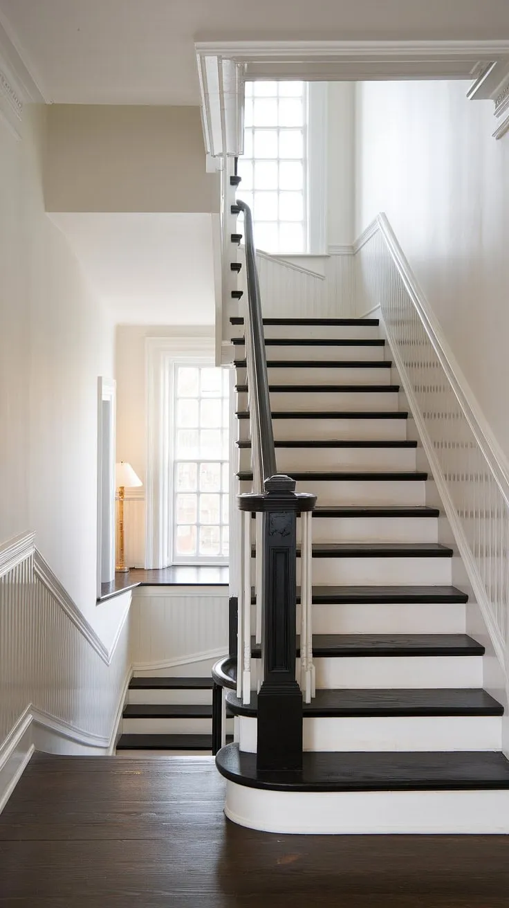 The stark contrast of the black and white staircase commands attention, a dramatic focal point in this elegant house hallway.  The black staircase, with its sleek railing, leads the eye upwards, past the hall and stairs to the inviting hallway landing, bathed in light from the window.  This hall stairs and landing design offers endless stairs and hallway ideas, showcasing sophisticated landing ideas and clever stair paneling.