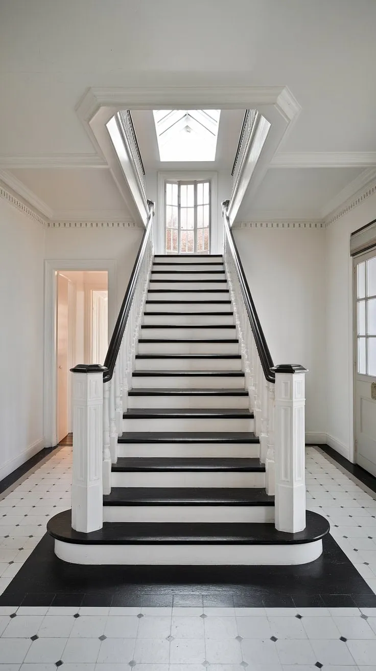 This stunning hall stairs and landing is a testament to elegant design. The black stairs, part of a striking black white staircase, ascend towards a sunlit hallway landing, creating a dramatic focal point in this house hallway.  The black staircase's sophisticated stair paneling and the black and white tiled floor offer inspiration for your own stairs and hallway ideas.  Consider this a masterclass in creating a captivating hall and stairs design.