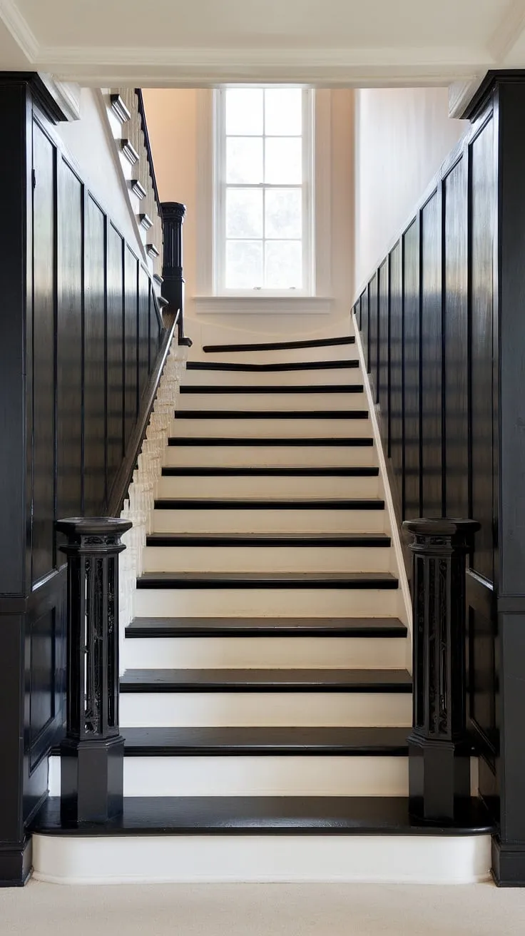 A dramatic black and white staircase anchors this house hallway, its sleek black railing leading the eye upwards to a bright hallway landing and window.  The striking stair paneling and black stairs create a sophisticated contrast against the white treads, offering endless stairs and hallway ideas for a stylish home.  This hall and stairs design, complete with a spacious hall stairs and landing, is a masterclass in landing ideas.