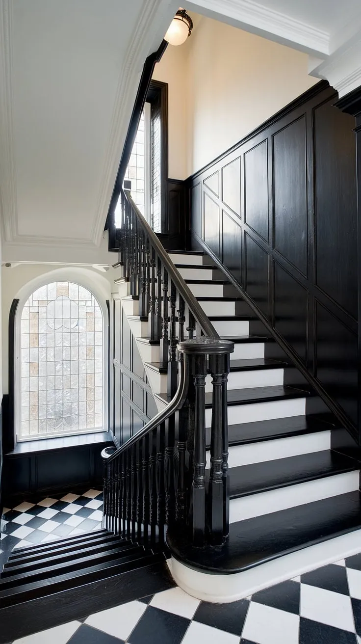 A dramatic black and white staircase, a showstopper in this elegant house hallway.  The black stair paneling complements the checkered hallway landing, creating a stunning hall stairs and landing design.  Perfect stairs and hallway ideas for those seeking a touch of modern sophistication.