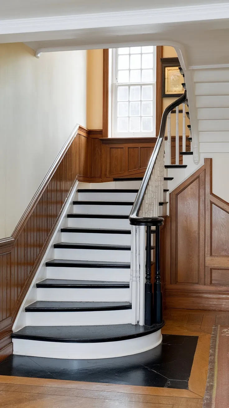 Classic elegance meets modern minimalism in this stunning house hallway. The black and white staircase, with its sleek black railing, is a focal point, leading the eye up to the bright hallway landing and its inviting window.  The stair paneling and black and white tiled floor complete the sophisticated design. This hall and stairs arrangement offers endless stairs and hallway ideas, showcasing a perfect hall stairs and landing.  Consider this inspiration for your own landing ideas.