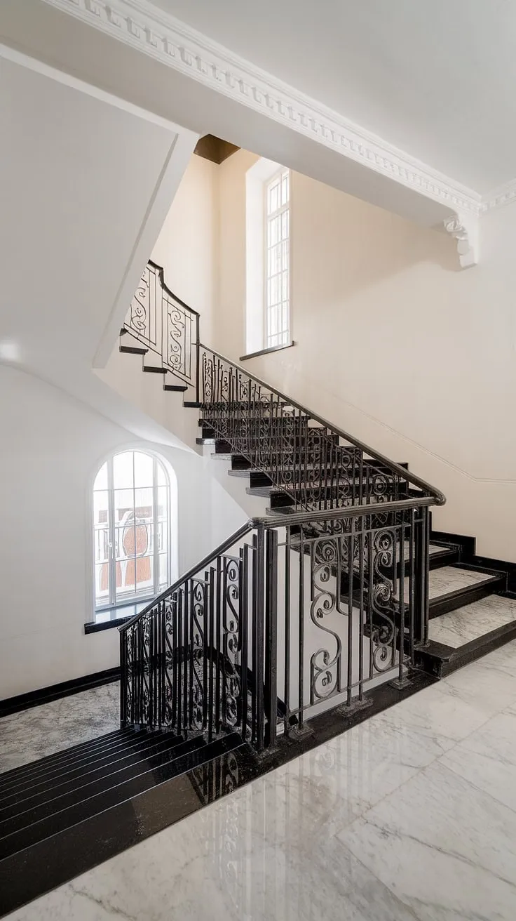 A classic black and white staircase, a showstopper in this bright house hallway.  The intricate iron balustrade and polished marble floor create a timeless elegance, showcasing clever stairs and hallway ideas. The hall stairs and landing, complete with a sunlit hallway landing, offer inspiring landing ideas and demonstrate the impact of stair paneling.