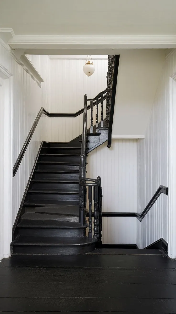 A striking black staircase, a masterpiece of design, anchors this spacious hall and stairs.  The black stairs ascend gracefully, culminating in a hallway landing that provides a moment of pause. This stunning example of hall stairs and landing design offers inspiration for your own house hallway, showcasing creative stair paneling and landing ideas.