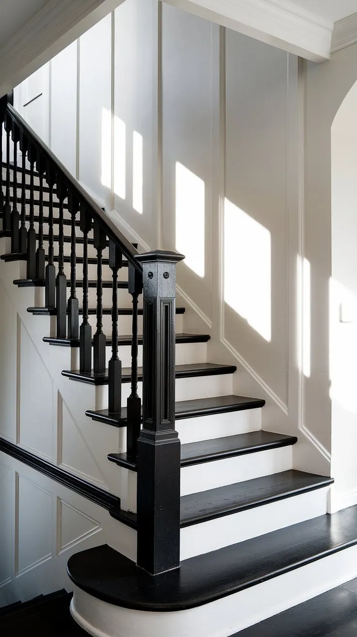 A dramatic black and white staircase anchors this house hallway, its sleek black railing and striking black stripe detail on each white stair creating a stunning visual rhythm.  The black stair paneling on the wall complements the design, while the bright lighting accentuates the shadows and highlights the spacious hall stairs and landing.  This hall and stairs design offers endless stairs and hallway ideas and landing ideas for a truly impactful home.