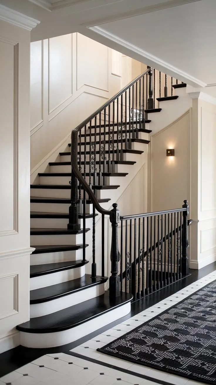 The elegant contrast of black and white defines this house hallway, where a black staircase gracefully ascends, its black stairs punctuated by a patterned rug on the hallway landing.  The stair paneling and black metal railing add to the sophisticated design, offering endless stairs and hallway ideas for your own home. This hall and stairs design, with its thoughtfully designed hall stairs and landing, showcases stunning landing ideas.
