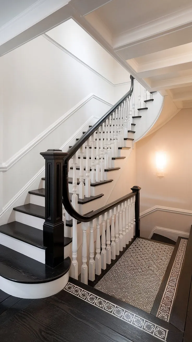 This black staircase, a showstopper in this bright house hallway, is a masterclass in design. The black stairs and white walls create a striking visual impact, while the detailed stair paneling and patterned hallway landing elevate the space.  Explore these hall stairs and landing ideas for your own home, transforming your hallway landing into a statement piece.  Find inspiration for your next project in this perfect example of stairs and hallway ideas.