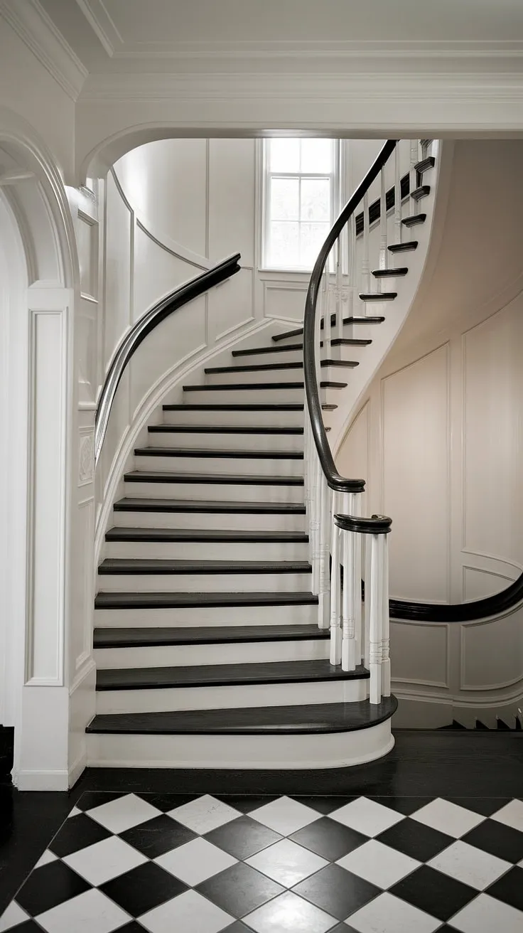 A classic and elegant house hallway, featuring a breathtaking black and white staircase with a graceful curve.  The black stairs, complemented by sleek black metal handrails, ascend to a bright hallway landing, offering stunning landing ideas.  The black white staircase is a showstopper, showcasing sophisticated stairs and hallway ideas, and the hall stairs and landing design is completed with beautiful white stair paneling and a black and white checkered floor.