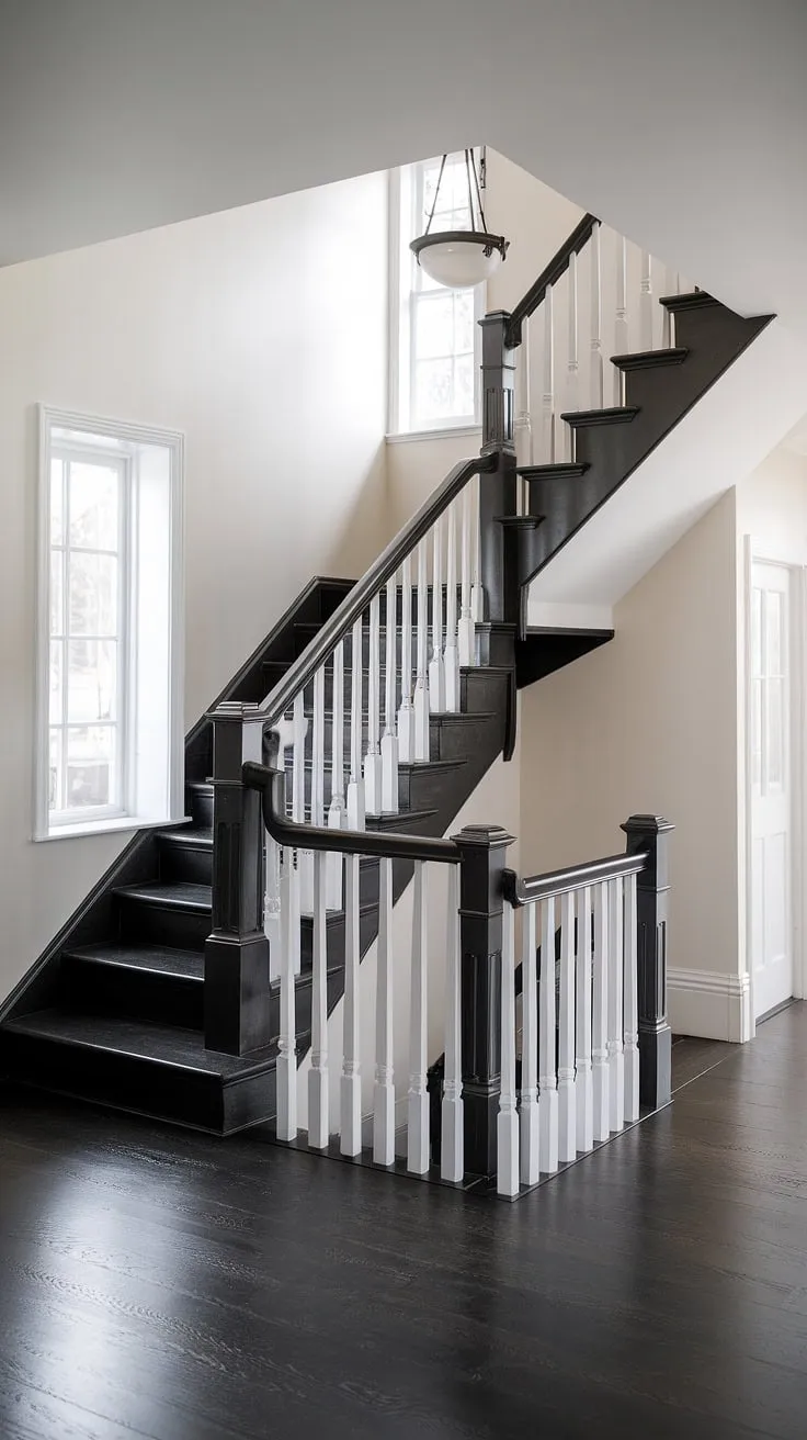 This black staircase, a stunning example of black stairs design, anchors this house hallway with its sleek lines and striking presence. The hall and stairs, featuring a central hallway landing, are enhanced by the white railings and dark wood flooring.  Explore these stairs and hallway ideas for your own home, considering the impactful use of stair paneling and the overall hall stairs and landing design.