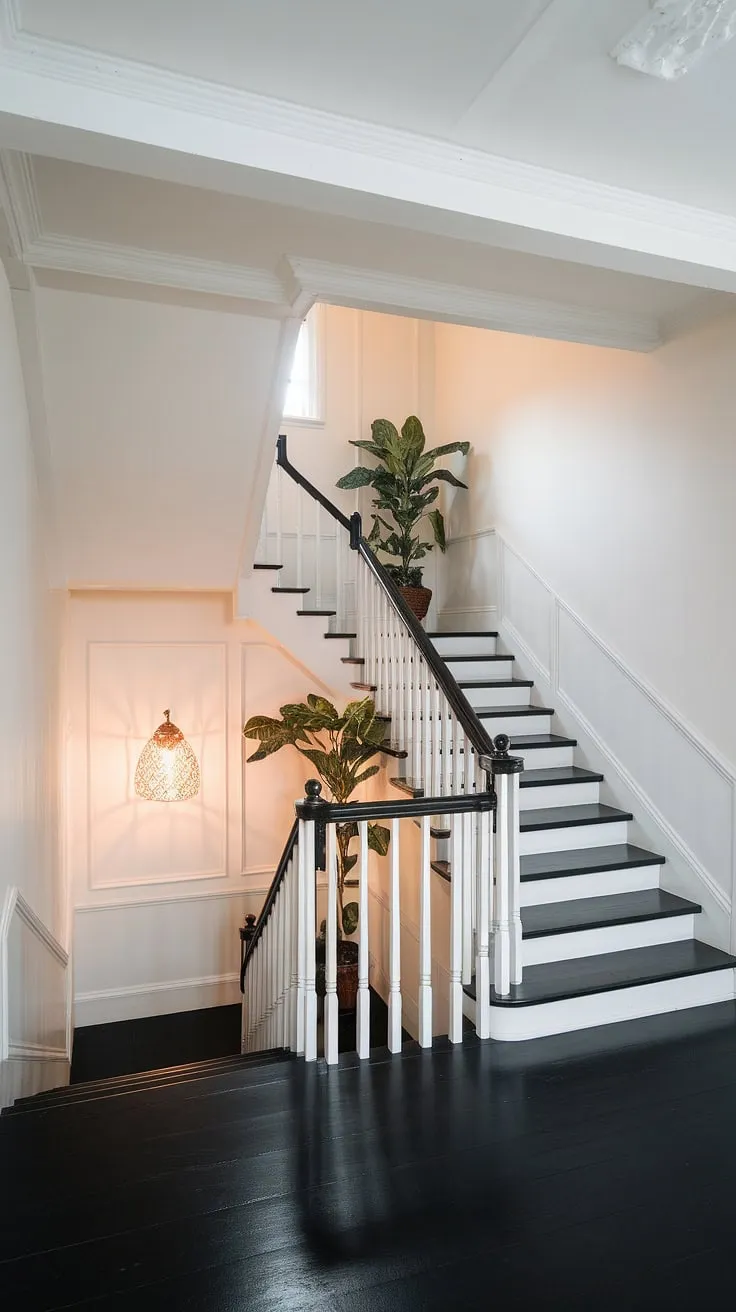 The elegant contrast of this black and white staircase, a showstopper in this house hallway, is perfectly complemented by the white walls and black floor.  The hall stairs and landing, complete with stair paneling and a touch of greenery, offer endless stairs and hallway ideas and landing ideas for your own home.