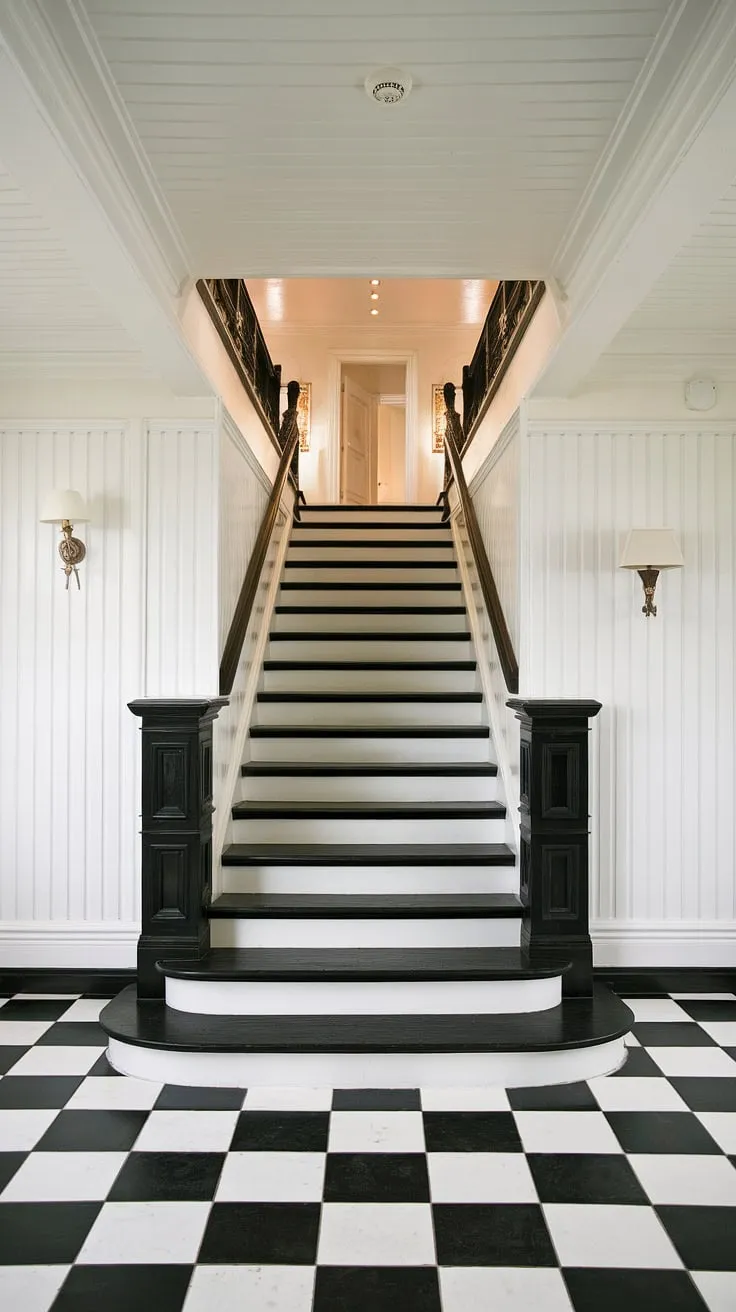 This hall and stairs design is pure magic!  The black staircase, a masterpiece of black stair design, ascends to a charming hallway landing, framed by stunning black and white wood paneling.  From the checkered floor to the landing ideas, every detail is meticulously crafted.  Explore these hall stairs and landing inspirations for your own home.